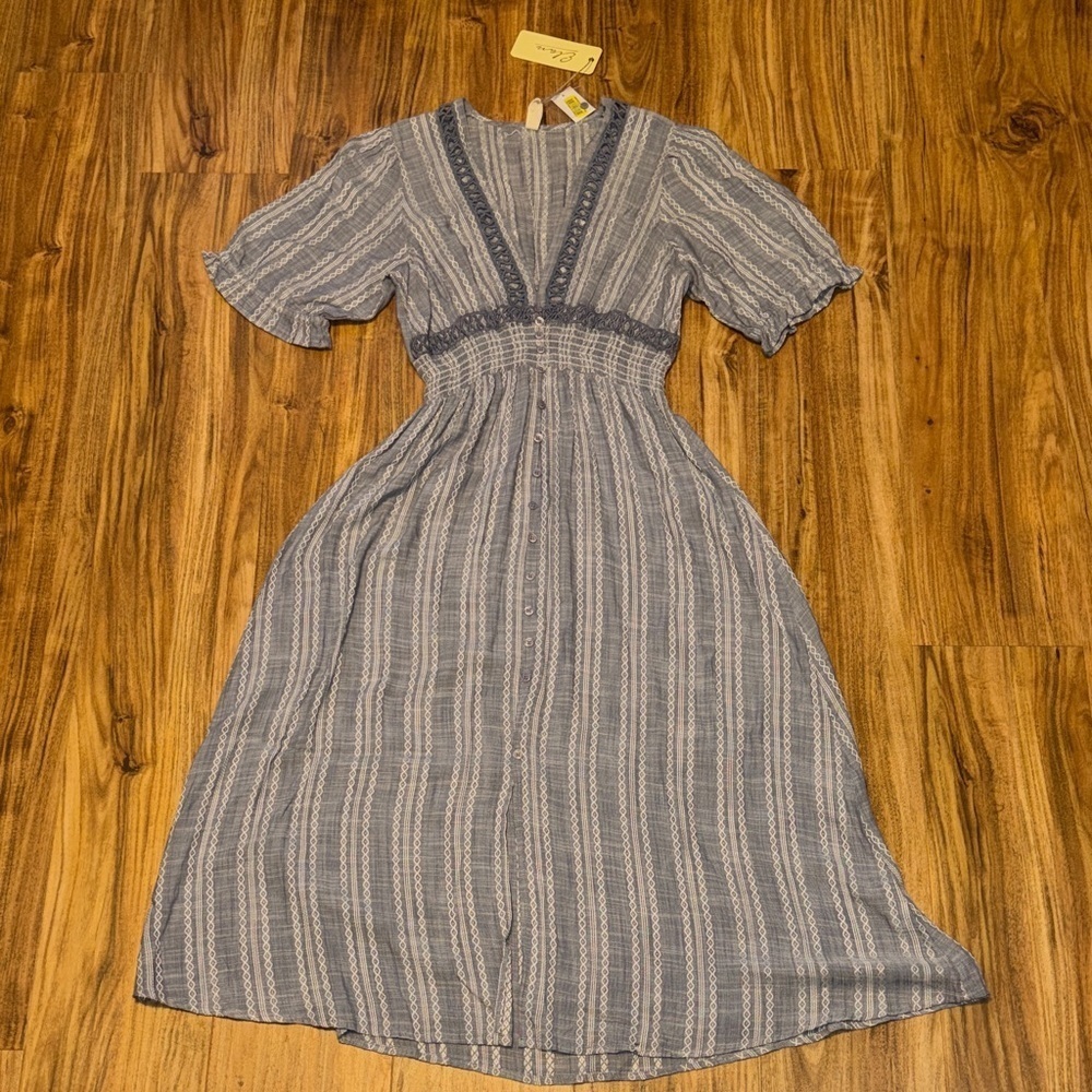 Elan women’s large 12 14 dress maxi midi Blue white Pattern chambray boho nwt